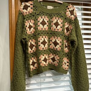 Dreamers Olive Green Crochet Sweater with Floral Accents